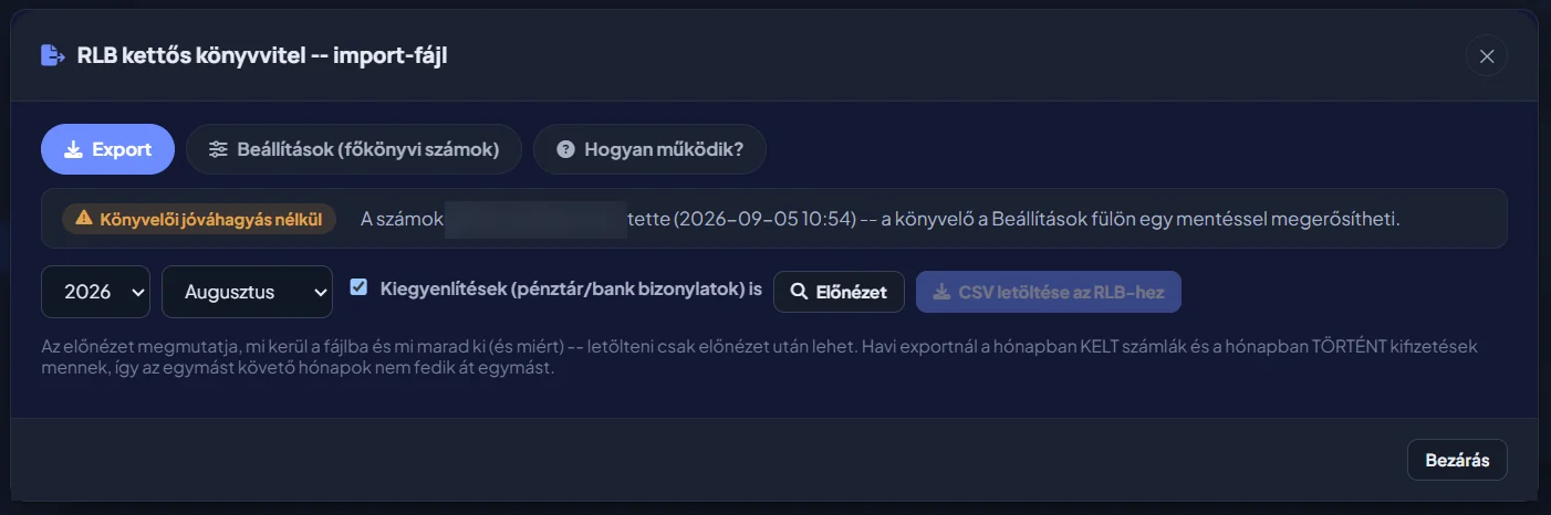 Az RLB export képernyő: év, hónap, kiegyenlítések jelölőnégyzet, Előnézet és CSV letöltés gomb.